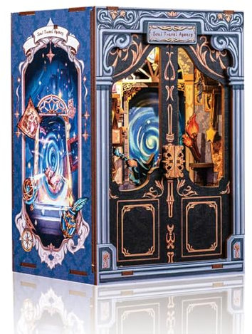 Cutefun Kit Book Nook - Maison de poupée en bois, maison de poupée miniature, coin livre, bibliothèque, maisons, kit de modélisation avec lumières LED, décoration de bibliothèque, agence de voyage