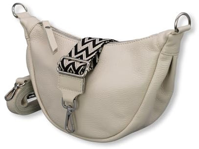 ADEL Halbmond Tasche Damen Echtleder Banana Bag DIANA Handgemachte Umhängetasche Crossbody Bag mit Ledergurt + Breitem Gemustertem Riemen 4 Fächer Schultertasche Made in Italy (Beige)