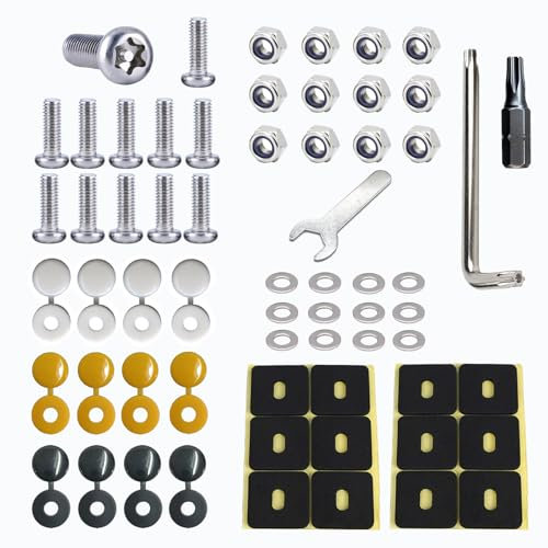 Anti Theft Number Plate Screws Fitting Kit M6 Stainless Steel Number Plate Bolts and Nuts with Assorted Color Plastic Hinge Caps and Installation Tools for Trucks and Cars