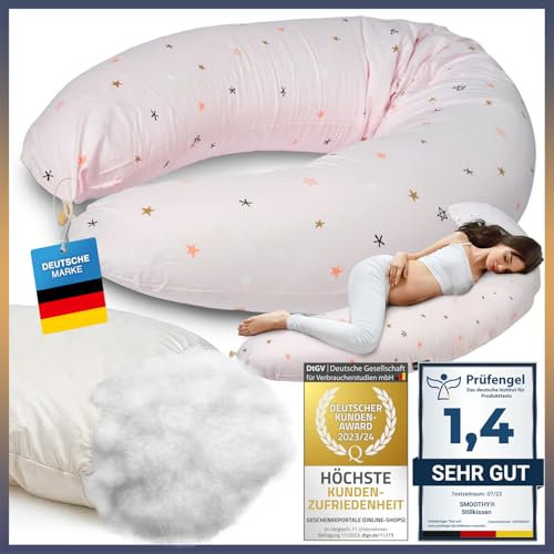 SMOOTHY® Stillkissen Schwangerschaftskissen XXL Premium Seitenschläfer-Kissen; Baumwoll-Bezug Schlafkissen & Lagerungs-Kissen für Mutter (Pink, Bezug + Kissenwatte (Selbstbefüllung))