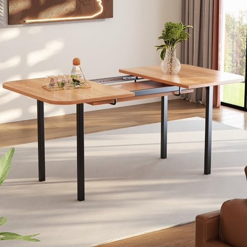 DRIXNO Klassischer Ausziehbarer Esstisch in Holzfarbe 120 cm, Teleskoplänge bis 160 cm, Tisch in Naturfarbe, Moderner Minimalistischer Stil, Hochfeste Legierungsstütze, Geeignet für 4-6 Personen