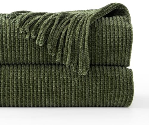 BATTILO HOME Olive Green Throw Blanket for Sofa Bed Chair, Soft Chenille Knit Throws with Tassels, Green Large Throws for Couch Cover Home Decor, 150X200cm