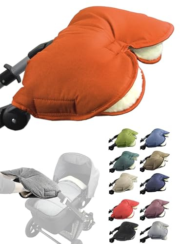 BAMBINIWELT Handmuff mit Lammwolle – warmer Handwärmer für Kinderwagen, Buggy & Radanhänger – wasserfest, winddicht & waschbar – für Winterspaziergänge (meliert orange)