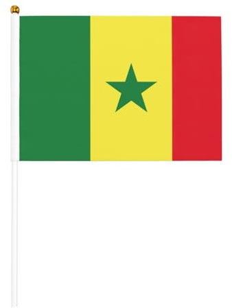 Bandera de Senegal con impresión de banderas pequeñas en palo de 5.5 x 8.2 pulgadas, paquete de 10 banderas pequeñas de mano de madera