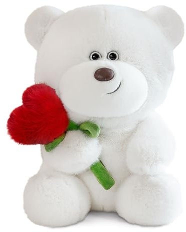 Chingcoo Teddybär, Plüsch-Bär, 28cm Teddy mit Rose, Stofftier Spielzeug, Herz Rose Teddybär Plüschtiere Geschenke für Mama, Kinder, Liebhaber, Geburtstag, Valentinstag, Weihnachten (Weiß)
