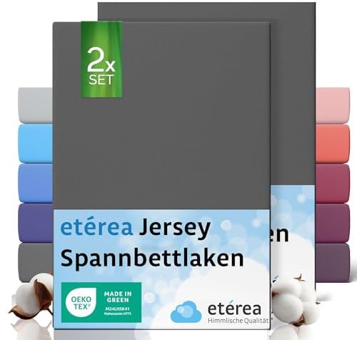 etérea Jersey 2er Set Spannbettlaken 80x160cm - 80x180cm Anthrazit bis 20 cm Höhe - 100% Baumwolle Spannbetttuch Oekotex - Kinder Doppelpack Bettlaken 80x160 cm - 80x180 cm - Dunkelgrau