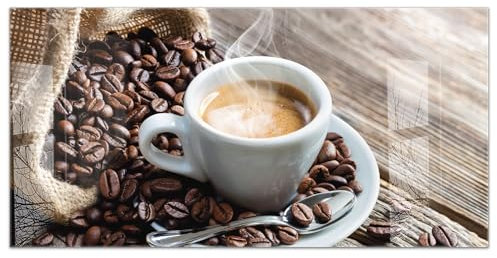 Küchenbild aus Acrylglas modernes Wandbild Glasbild Deko Küche XXL Bild wie Glas | 100x50cm Kaffee, Espresso, Kaffeebohnen, rustikales Holz, Café Atmosphäre