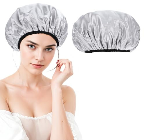 Large Shower Cap, Satin Lined Thickened Showers Caps for Women, Reusable Triple Layer Breathable Hair Cap for Showers, Adjustable Waterproof No - Slip Shower Caps for Curly, Braid, Long Hair, Men
