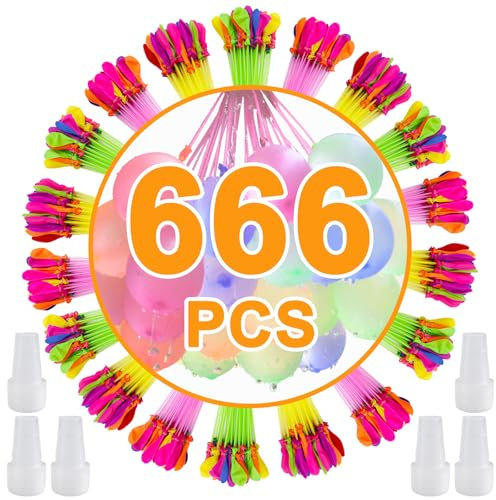 Druuzyl 666 Stück Wiederverwendbare Wasserbomben, Selbstschließend mit 6er Wasserhahn Anschluss - Bunte Schnellfüller (60 Sekunden) für Poolparty & Strand