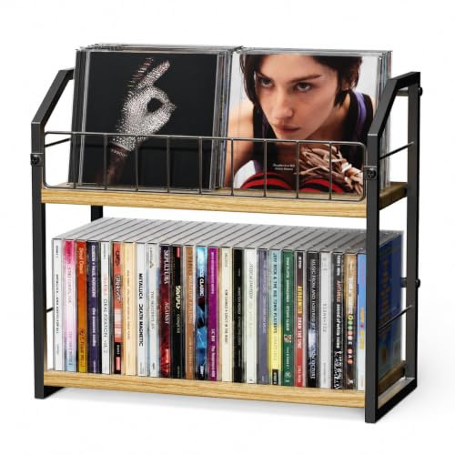 TJ.MOREE 2 Tier CD Holder, Desktop CD Storage Shelf with Display Top, CD Rack for Home Office, Holds Up to 60 Standard CDs, Ideal for Music Enthusiasts (Light Yellow)