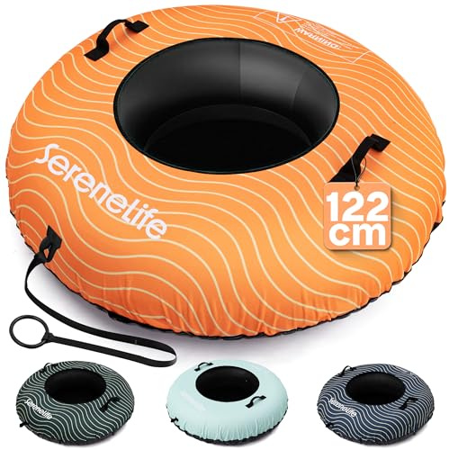 SereneLife Tube 112/122 cm – Aufblasbarer Schneereifen mit Griffen und Schleppleine XXL Rodelreifen für Kinder und Erwachsene – rutschfeste Hartboden-Schale – Perfekt für Schneespaß im Winter