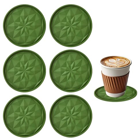 Tastetreasure 6er Set Untersetzer Silikon für Gläser, 10cm Durchmesser, Modernes Design, rutschfest & Hitzebeständig, Glasuntersetzer für Tassen und Bar, Dunkelgrün