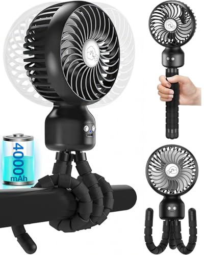 Ventilatore Passeggino Portatile con Oscillazione a 90°, Silenzioso Batteria 4000 mAh fino a 20 Ore, 3 Velocità, Mini USB Ventilatore da Tavolo con Treppiede Flessibile, per Auto, Campeggio e Viaggio