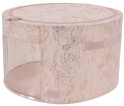 Periea 'Abby' Round Home Storage Boxes with Zip Lids, Front Window & Folding Steel Frame (Metallic Floral Blush, Large)