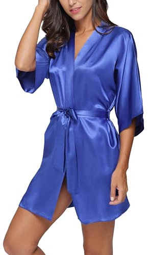 The Bund Damen Satin-Bademantel, reine Farbe, kurz, für Braut, Brautjungfern, seidige Nachtwäsche, Loungewear, blau, Small