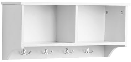 Home Source Wall Mounted Coat Rack, 4 Hook Coat Robe Hanging Unit with Storage Shelves Bathroom Hallway, White