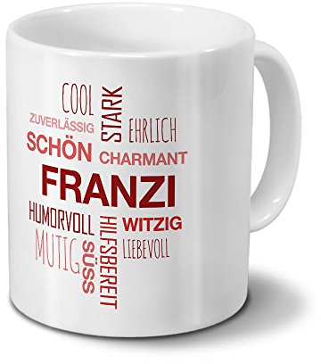 printplanet Tasse mit Namen Franzi Positive Eigenschaften Tagcloud - Rot - Namenstasse, Kaffeebecher, Mug, Becher, Kaffeetasse
