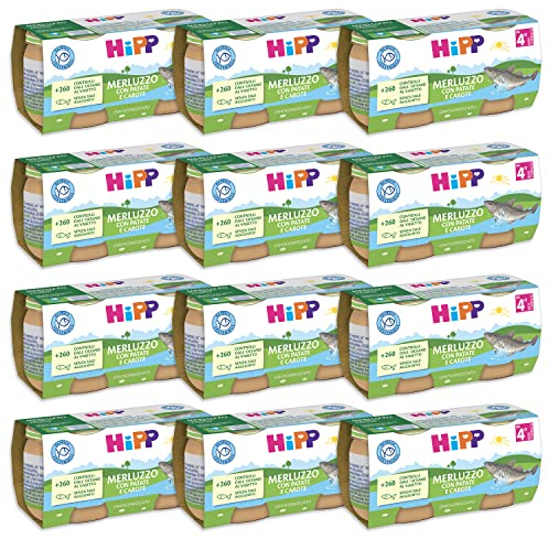 HiPP - Omogeneizzato di Pesce per Neonati, Gusto Merluzzo con Carote e Patate, Senza glutine e Senza Aggiunta di Sale e Aromi, 24 Vasetti da 80 g