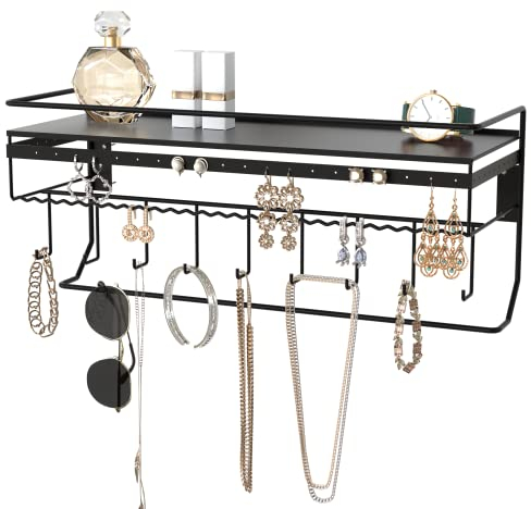 JackCubeDesign Wandbefestigung Klassisches schwarzes Metall Designer Kosmetik Lager Regal mit Halsketten Schmuck Organizer Ablage Ohrring Halter (schwarz/ 42,9 x 15,5 x 18 cm) - :MK238A