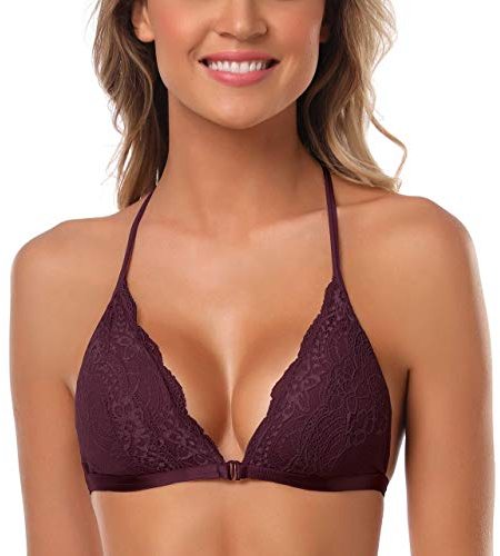 SHEKINI Reggiseno Donna con Chiusura Frontale Bra Senza Ferretto in Pizzo Sexy Halter Triangolo Bralette con Imbottito