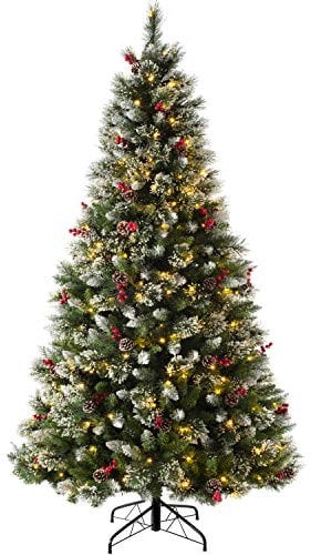 WeRChristmas Pre-lit Victorian Snow Berries Cones Christmas Tree with 260 LED Lights, Green, 7 feet/2.1 m