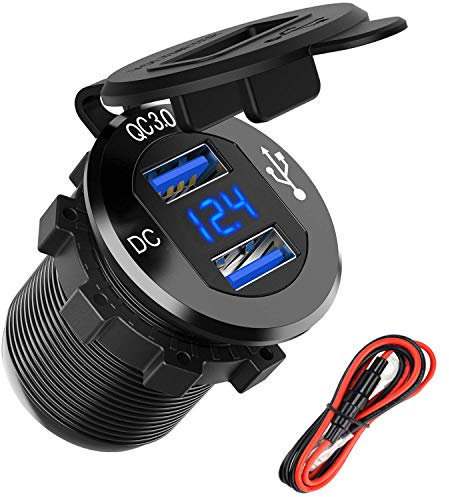 SunnyTrip Quick Charge 3.0 Dual USB Charger Socket, Waterproof Aluminum Power Outlet Fast Charge with LED Voltmeter & Wire Fuse DIY Kit for 12V/24V Car Boat Marine Motorcycle Truck Golf Cart and More