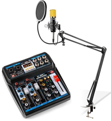 Vonyx Podcast-Starterkit mit USB-Mischpult mit Bluetooth, CMS400B Studiomikrofon, verstellbarem Mikrofonarm und Shockmount.