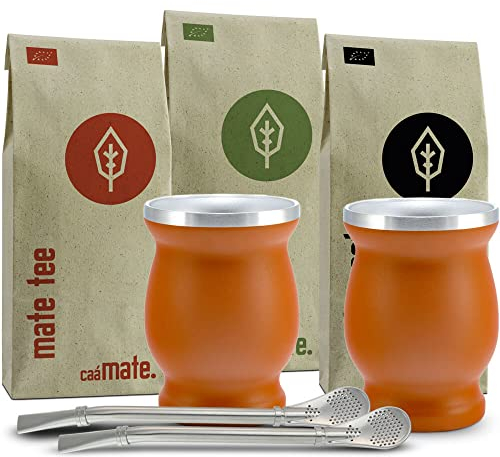 Mate Tee Set Bio ● 3 Matesorten + 2 doppelwandige Edelstahl Matebecher + 2 Bombillas + Zubereitungsanleitung (rot)