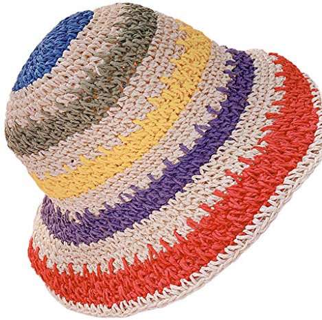niumanery Women Girl Crochet Woven Straw Sun Visor Hat Rainbow Stripes Packable Bucket Cap 1 Bright Color A Adult