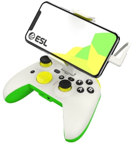 RiotPWR ESL Game Controller für iOS iPhones, kabelgebunden für störungsfreier Spielfluss, Power Pass Through Charging, ZeroG Halterung, verbesserter 8-Wege-D-Pad, Share-Taste, grün-weiß, RP1950ESL