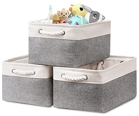 Newthinking 3 Pcs Large Storage Boxes, Fabric Storage Baskets with Handles, Foldable Home Organizer for Living Room, Laundry Room, Kids Room and Bedroom (White and Gray)