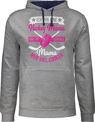 Pullover Herren Frauen Hoodie Kontrast zweifarbig - Damen - Ich bin eine Hockey Mama - wie eine normale Mama nur viel cooler - weiß/fuchsia - XL - Grau meliert/Navy Blau - mum mom pulli mütter