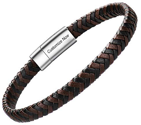 Casisto.J Pulsera Cuero Hombre - Pulsera Trenzada Hecha a Mano clásica en Negro y marrón con Cierre magnético Grabado Joyas Gratis en Caja