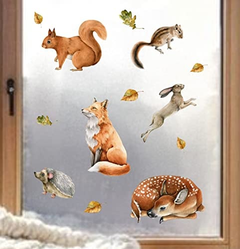 wolga-kreativ Fenstersticker Fensterbilder Glasdekorfolie Motiv Fensterfolie Fenstertattoo Wald Igel Eichhörnchen Fuchs Hase Aufkleber Sticker Fenster Küche Kinderzimmer Wohnzimmer