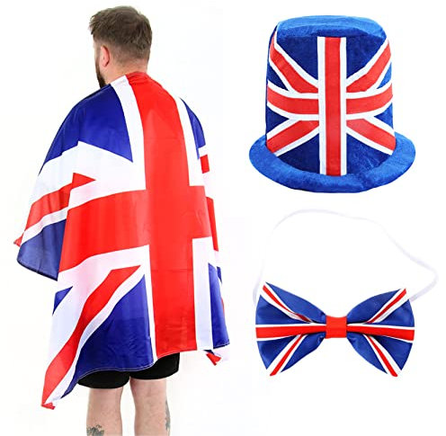 Union Jack Flag Cape, Bowtie and Top Hat - 5ft x 3ft Wearable Union Jack Flag Cape, Union Jack Bowtie and Soft Union Jack Top Hat - King's Street Party Fancy Dress Costume Accesso VE DAY COMMONWEALTH