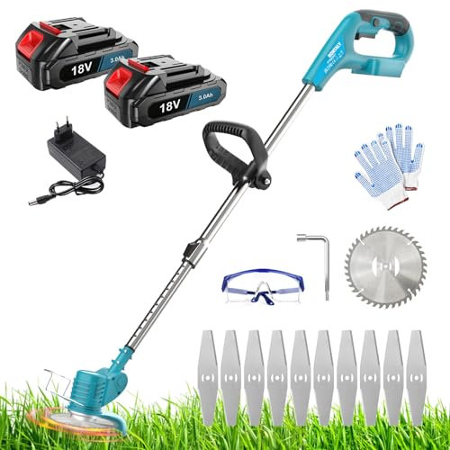 Garden Strimmer Cordless Compatible with Makita 18V Batteries, Electric Grass Trimmer Telescopic Cutter Lightweight with 2x 3.0Ah Battery and Charger for Garden Clearing Weeds Flower Trees