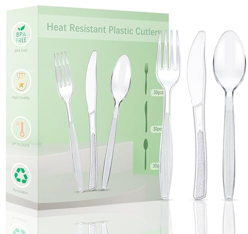 Plastikbesteck Set 90 Stück,30 Plastikgabeln,Messer und PlastikLöffel,Wiederverwendbar PlastikBesteck Durchsichtig und Robustem Bestecksets für Geburtstagsfeier Grillparty Hochzeit ect