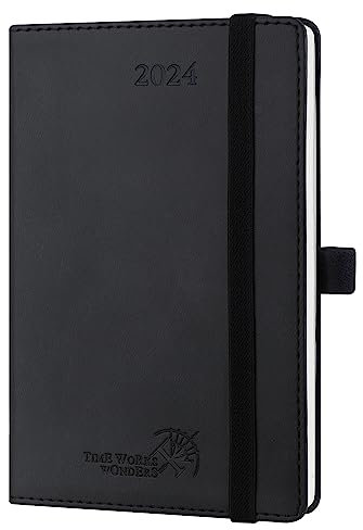 POPRUN Kalender 2024 Klein 16 x 10,5 cm (Jan.2024-Dez.2024) - Taschenkalender 2024 Softcover mit PU-Leder - Terminplaner, Wochenplaner mit Selbstklebender Stiftschlaufe - Schwarz