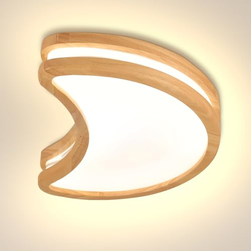 LIGKIN LED Deckenlampe Holz 20W Deckenleuchte 40cm Warmweiß 3000K Durchmesser Modern Mond Doppelte Lage Küchenlampe Lampe Wohnzimmer für Balkon Flur Babyzimmer Schlafzimmer