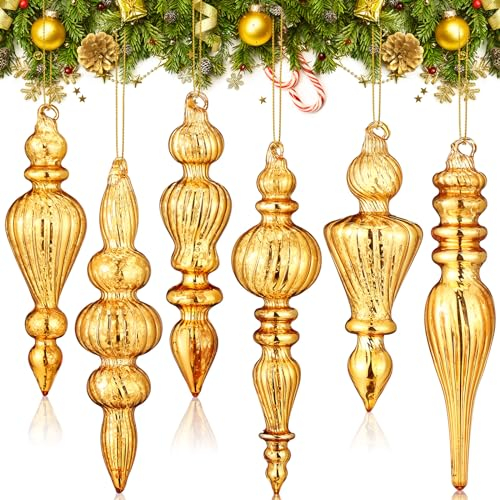 Soaoo 6 Pcs 6.3 inch Mercury Glass Finial Christmas Ornaments Hanging Finials Assorted Mercury Glass Decor for Vintage Holiday Tree Decoration (Champagne Gold)