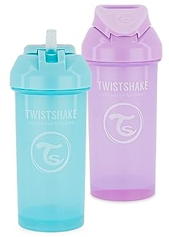 2 x Twistshake Straw Cup Gobelet d'Apprentissage à paille Anti-Fuites 360 ml, Tasse d'Entraînement Bébé avec Paille Souple en Silicone, Sans BPA, 6 Mois et +, Violet Pastel & Bleu Pastel