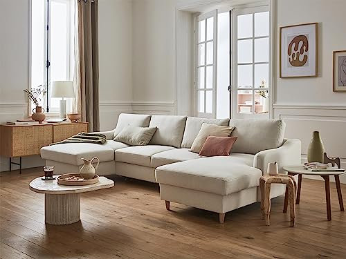 Lisa Design Will - Wohnlandschaft U-Form - 7 Sitzplätze - mit Schlaffunktion und Bettkasten - aus Stoff Beige