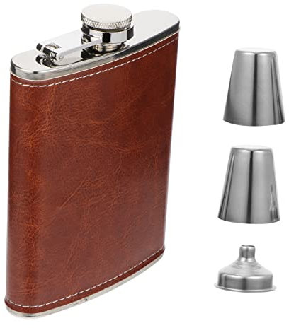 BRIGHTFUFU Stainless Steel Portable Hip Flask Leather Cover and Funnel for Camping Hiking Fishing Vintage Style 13.6X9.6CM Reddish Brown