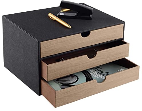 XNONE Caja de cajones de escritorio con 3 compartimentos cerrados A4 de piel sintética, organizador de joyas, organizador de cosméticos, apertura en forma de U, costuras cosidas a mano,Negro