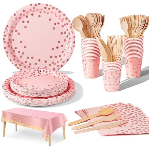 Nkaiso Rosa y Rosado Vajilla Fiesta Cumpleaños, 141 Piezas Platos y Vaso Cumpleaños Infantil, Juego de vajilla para Fiestas Platos Servilletas Cubiertos para Baby Shower Aniversarios -20 Invitados