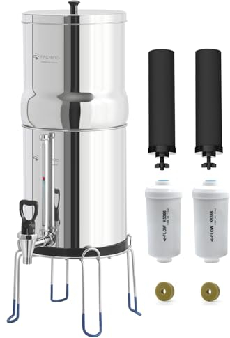 FACHIOO Système de filtre à eau alimenté par gravité, norme NSF/ANSI 42, système de comptoir en acier inoxydable de 2,25 G avec 2 éléments noirs, 2 fluorures PF-2, robinet de niveau d'eau en métal,