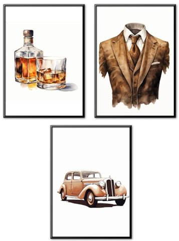MJ-Graphics - Posterset Old Money Gentleman - Wiskey, Anzug, Whisky, Oldtimer Bilder | Wandbild Din A4 in Galerie Qualität dickes Posterpapier - FineArt Kunstdruck ohne Bilderrahmen