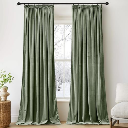 PONY DANCE Samtvorhang Kräuselband Samt Vorhänge Wohnzimmer 2er Set Gardinen Samt Salbeigrün Velvet Blackout Curtains (Gewicht: 300g/m²) Thermovorhang Kälteschutz Schiene, H 240 x B 132 cm