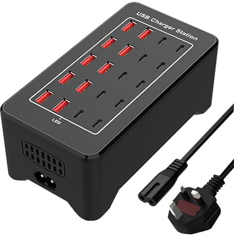 USB Charging Station, C Charger Block, 100W(20A) 20 Port Multiport USB Hub Desktop Fast Wall Charger 10 Port USB C and USB Charging Compatible for Apple iPhone, iPad, Tablets, Samsung Galaxy