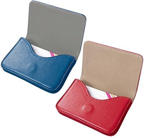 Newellsail Porte-Cartes de Visite en Cuir PU Porte-Cartes de Crédit à Rabat Portable avec Fermeture Magnétique pour Homme et Femme 2 Pièces (Bleu et Rouge)